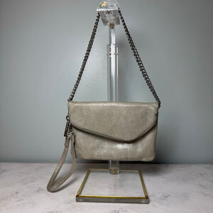 Women's Hobo Daria Leather Shoulder Bag Clutch Small Taupe Silver